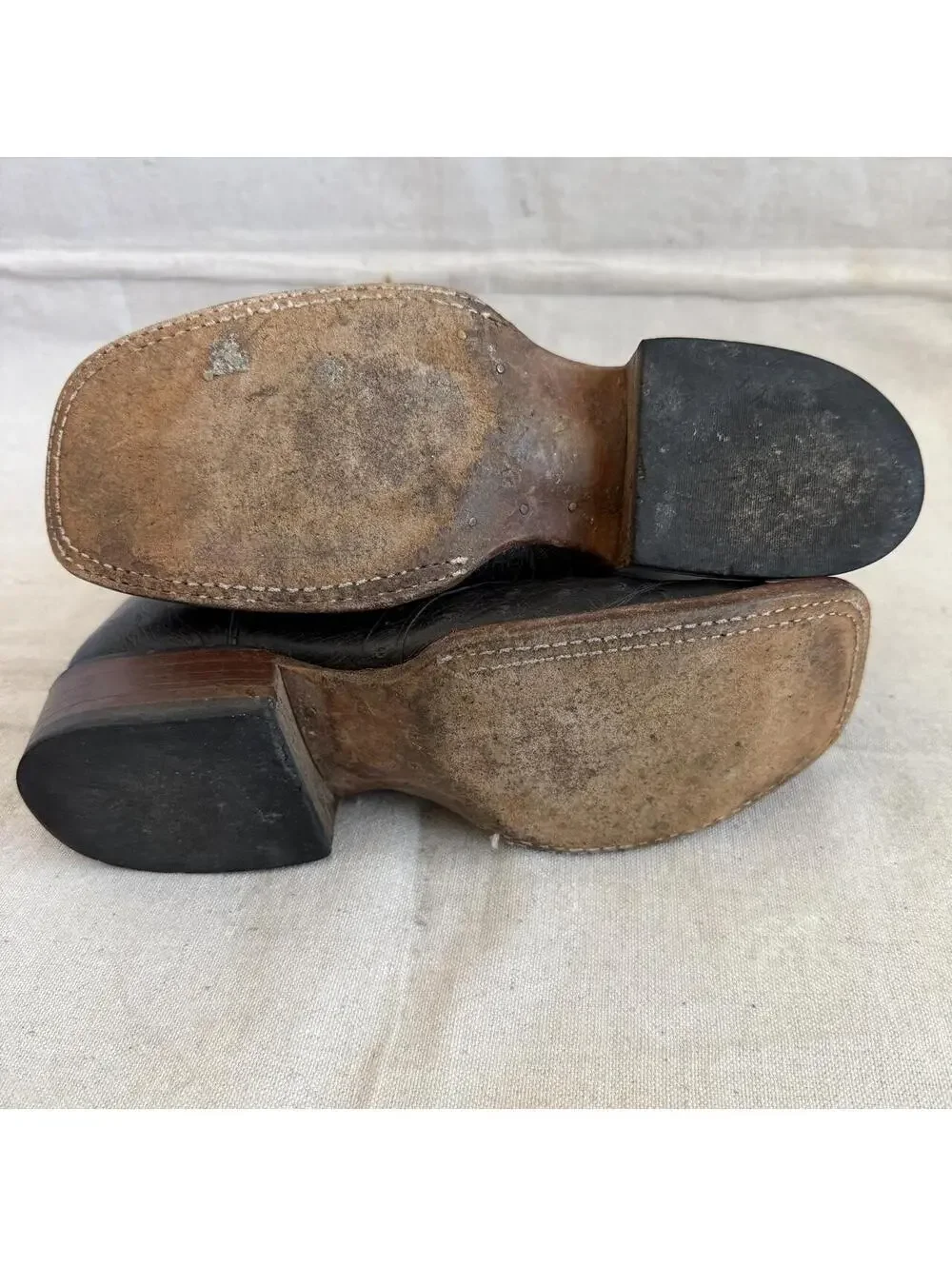 Larry Mahan Cowboy Black Ostrich Leather Square Toe with Brown Shaft Men Size 7